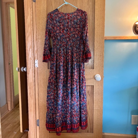 Boemo Anthropologie Dress Large Boho Peasant Floral Lace-up V-Neck Tiered Maxi - Picture 2 of 5